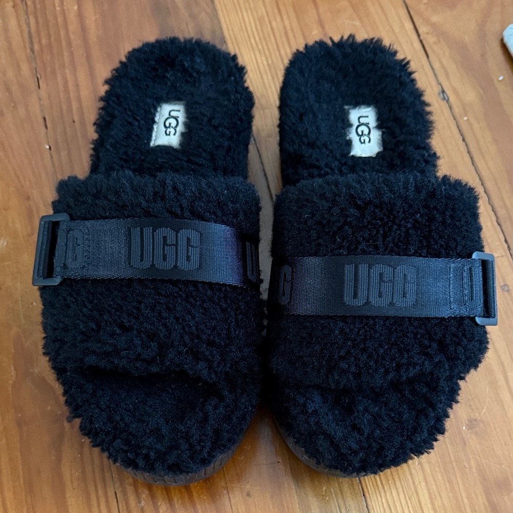 UGG Black Fuzzy Slippers